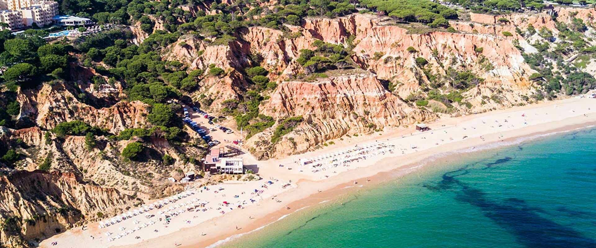 Luftaufnahme eines sonnigen Strandes mit rotbraunen Klippen, grünen Pinien, türkisblauem Meer und zahlreichen Urlaubern.