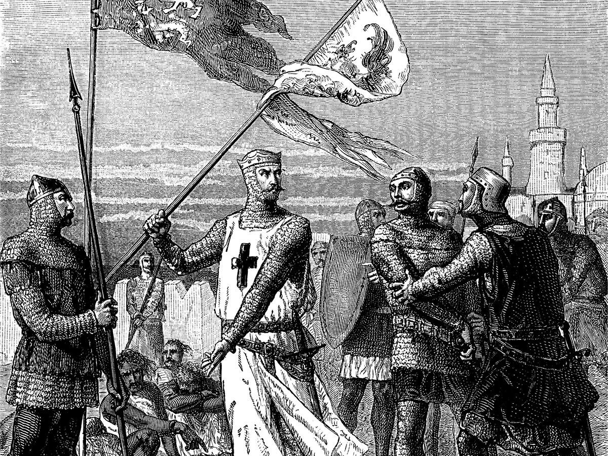 Historisches Schwarz-Weiß-Engraving zeigt einen mittelalterlichen Ritter mit Kreuz, der eine Fahne hält, umgeben von Soldaten vor einer Stadtkulisse.