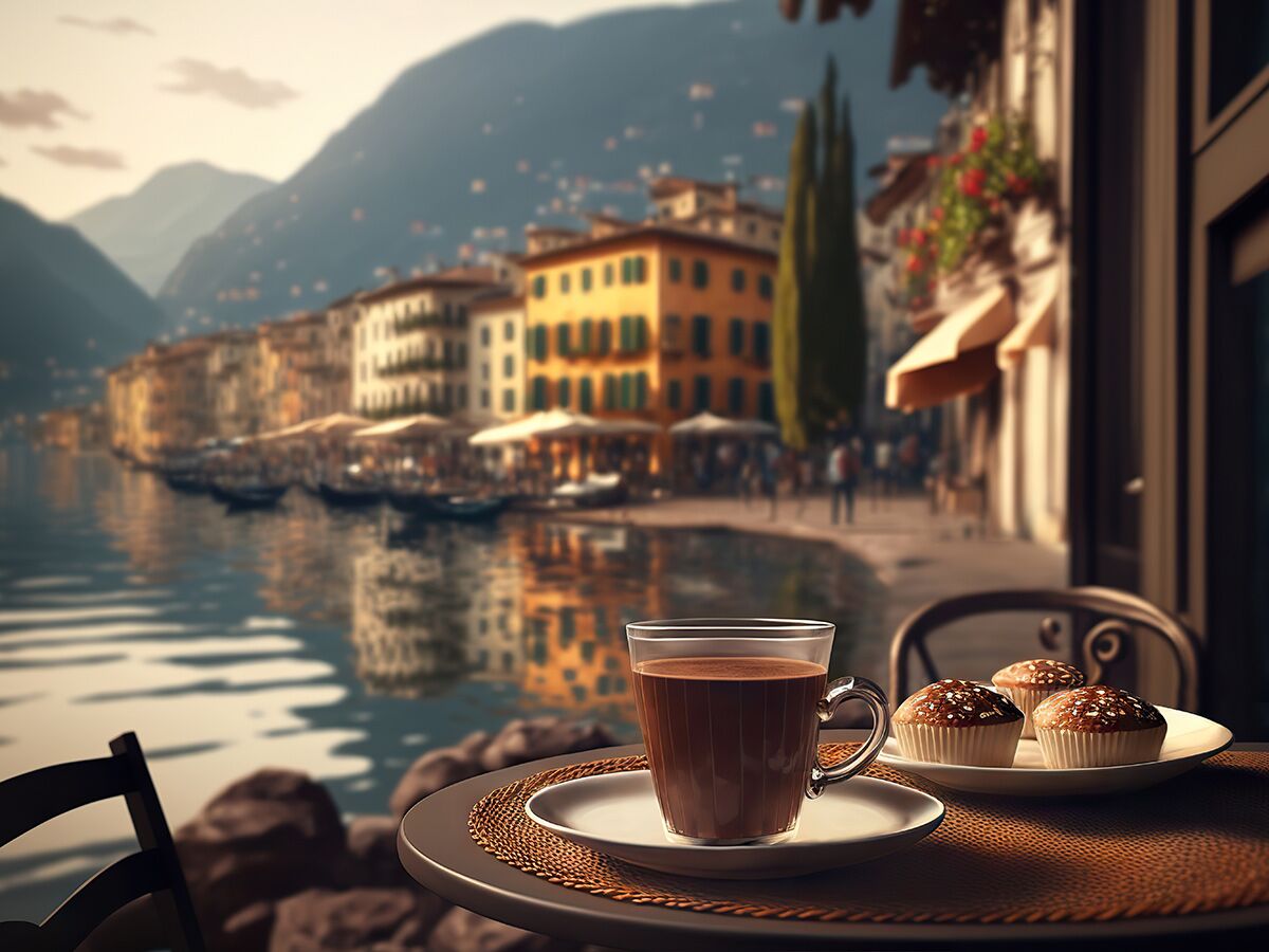 Tasse Kaffee und Muffins auf einem Café-Tisch, mit Blick auf eine malerische italienische Stadt am See und Berge.