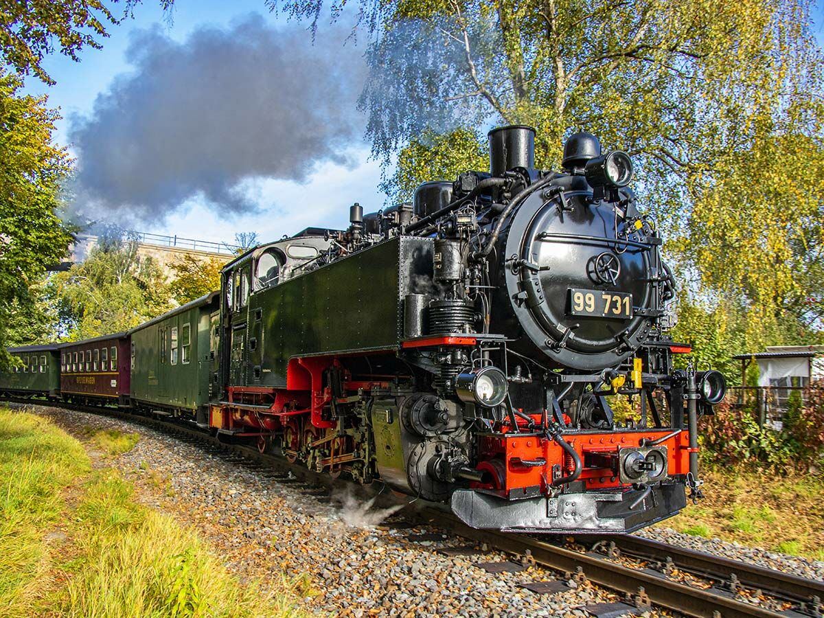 Historischer schwarzer Dampfzug 99 731 fährt mit grünen Waggons durch herbstliche Natur, blauer Himmel, Rauch steigt auf.