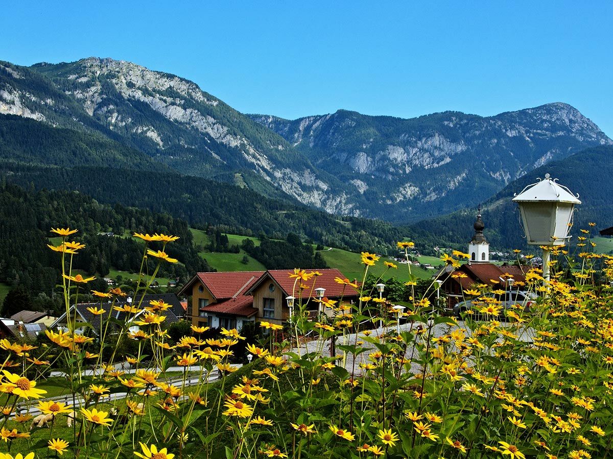 Gelbe Blüten im Vordergrund, dahinter ein idyllisches Dorf mit Kirche und Häusern, umgeben von bewaldeten Alpenbergen unter blauem Himmel.
