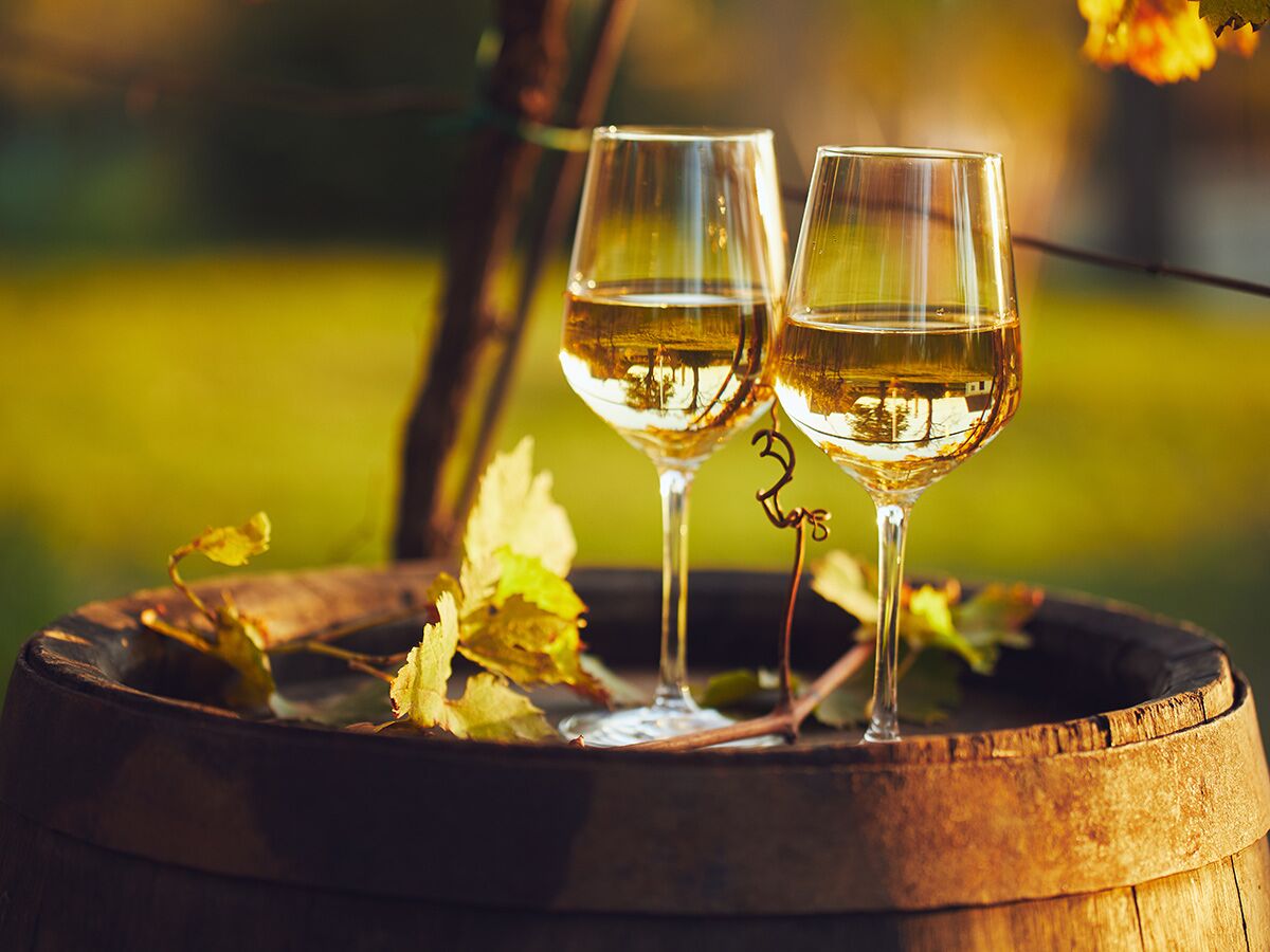 Zwei elegante Weißweingläser auf rustikalem Holzfass mit Weinblättern in sonniger Weinbergumgebung.