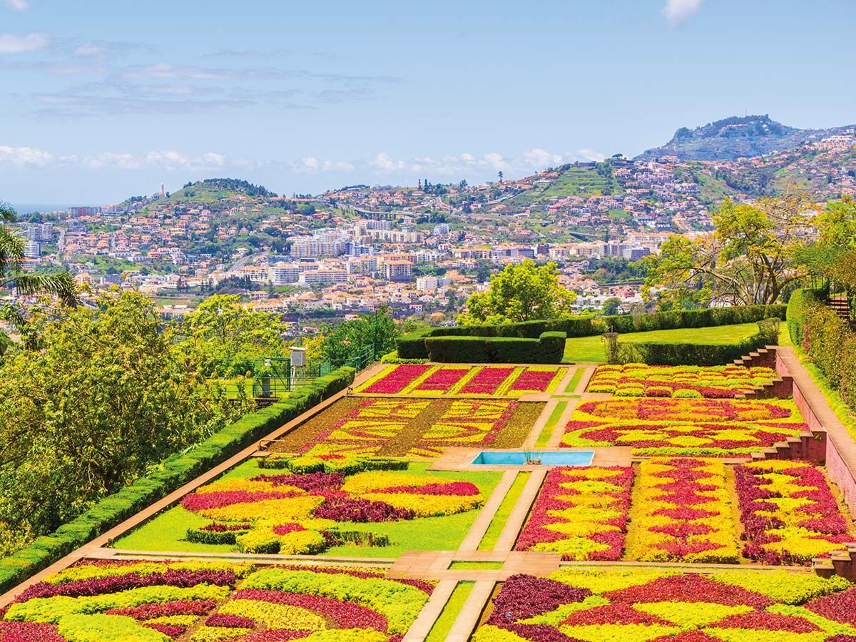Bunter botanischer Garten Funchal, Madeira, mit geometrischen Blumenbeeten und Panoramablick auf die Stadt im hügeligen Hintergrund.