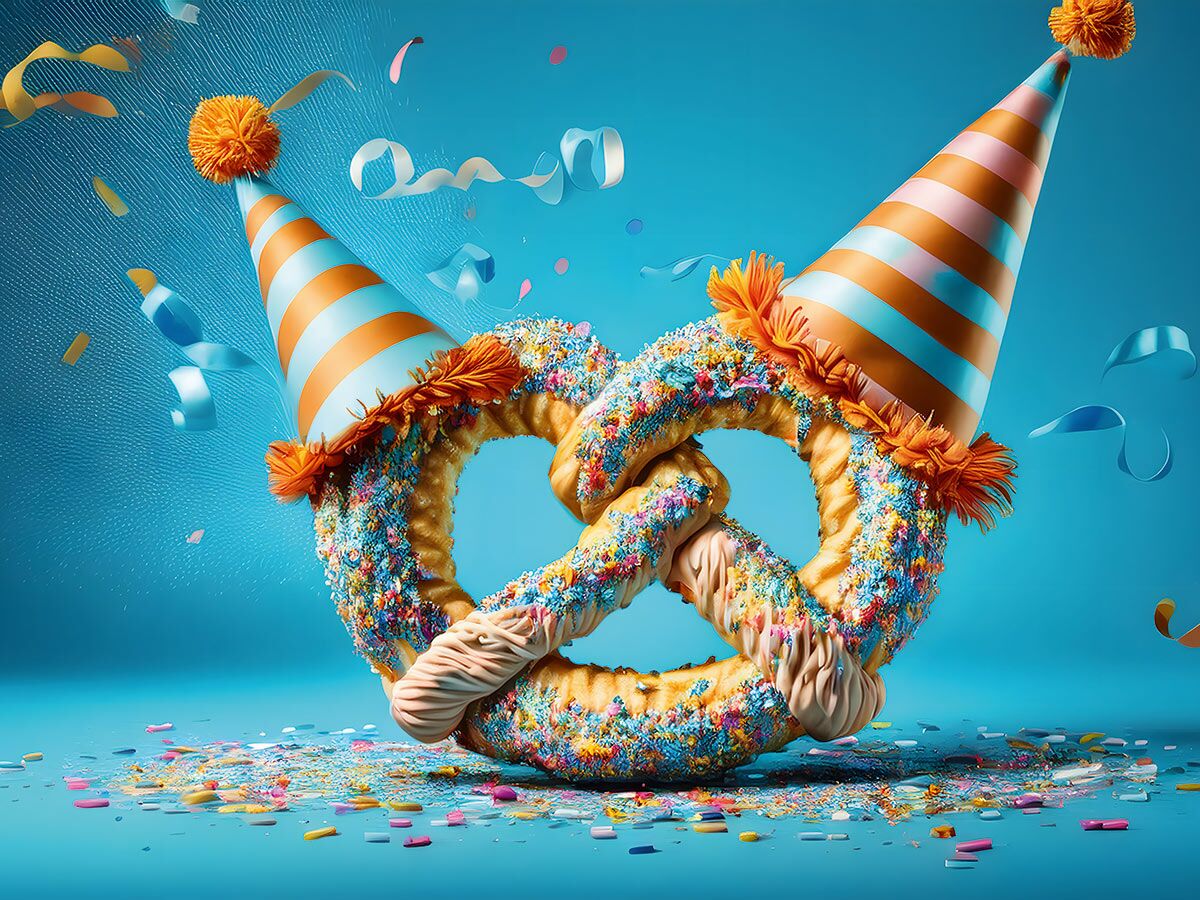 Festliche Brezel mit zwei Geburtstagshüten, bunt dekoriert mit Streuseln, Konfetti und Bändern auf blauem Hintergrund.