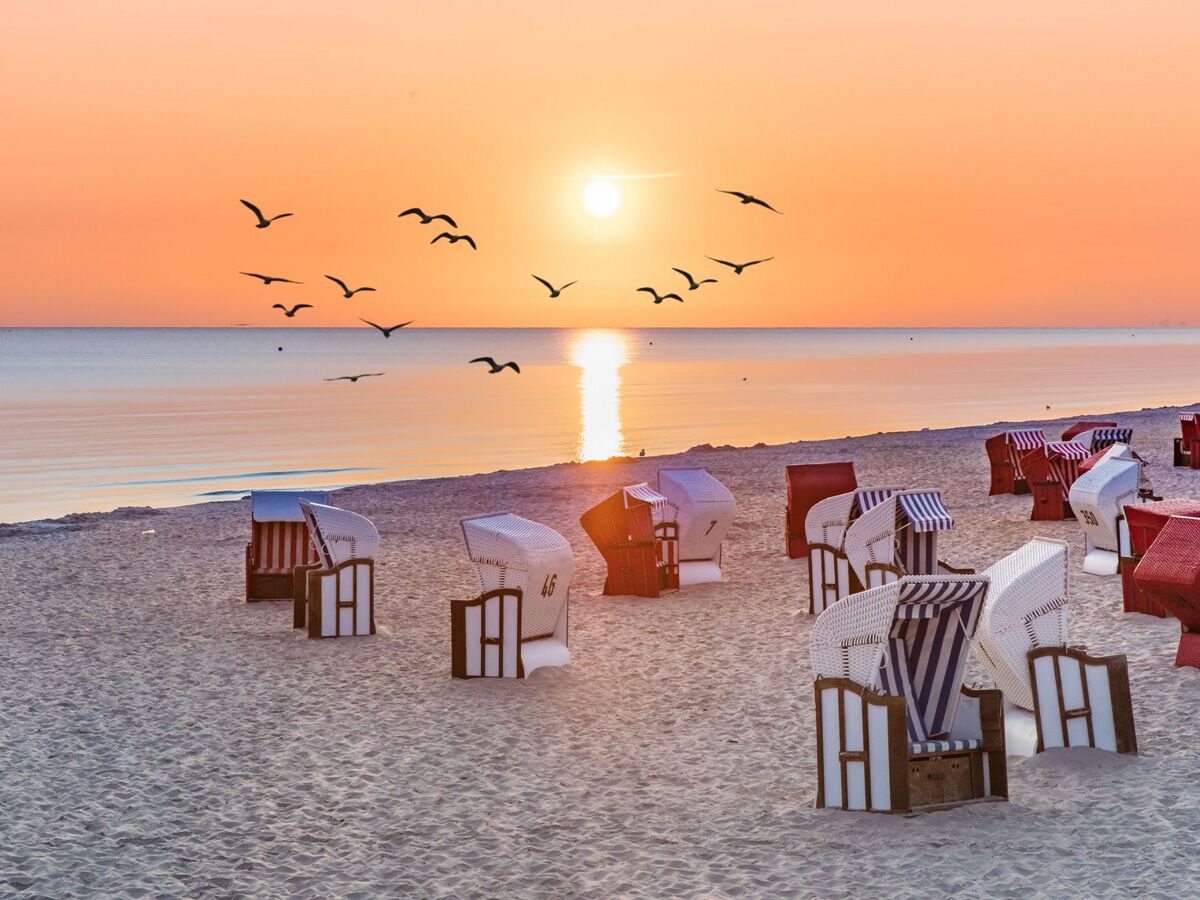 Ruhiger Sonnenuntergang am Strand mit vielen leeren Strandkörben, Vögeln im orangefarbenen Himmel und Meer. Friedliche Szene.