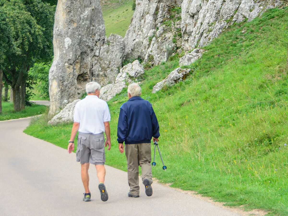 Zwei ältere Männer gehen auf einem Weg entlang eines Felsens und grüner Hügel; einer hält Wanderstöcke.