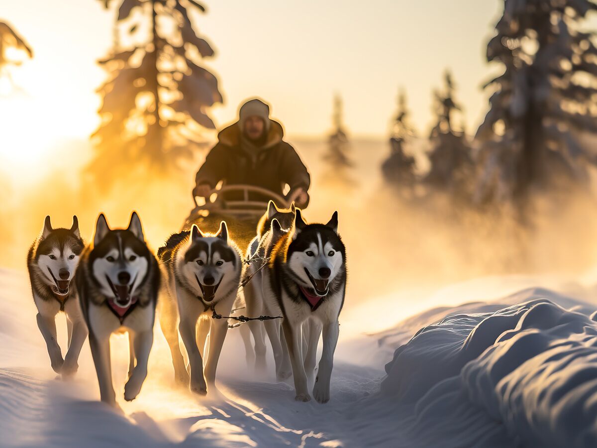 Ein Husky-Hundeschlitten-Team zieht einen Musher bei Sonnenaufgang durch eine verschneite Winterlandschaft.
