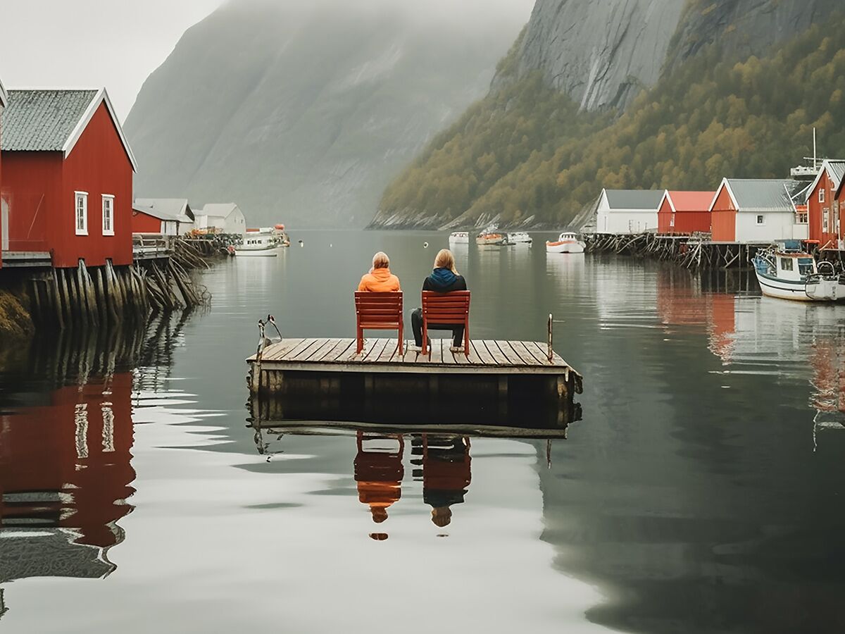 Zwei Personen sitzen auf einem Holzsteg in einem norwegischen Fjorddorf mit roten Häusern und nebligen Bergen.