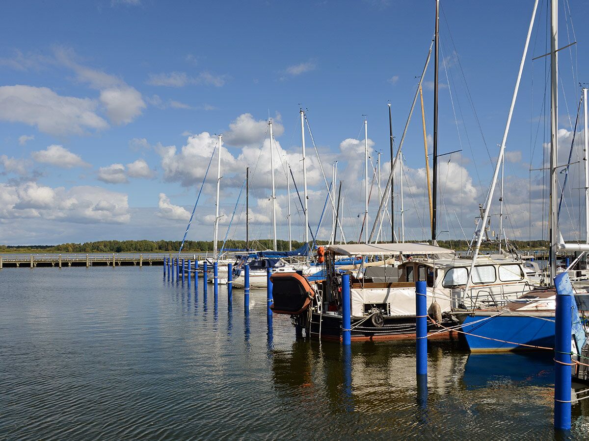Blick auf einen friedlichen Hafen mit vielen Segelbooten und Motorbooten an blauen Pfählen, dahinter ein Holzsteg und bewaldetes Ufer unter blauem Himmel mit weißen Wolken.