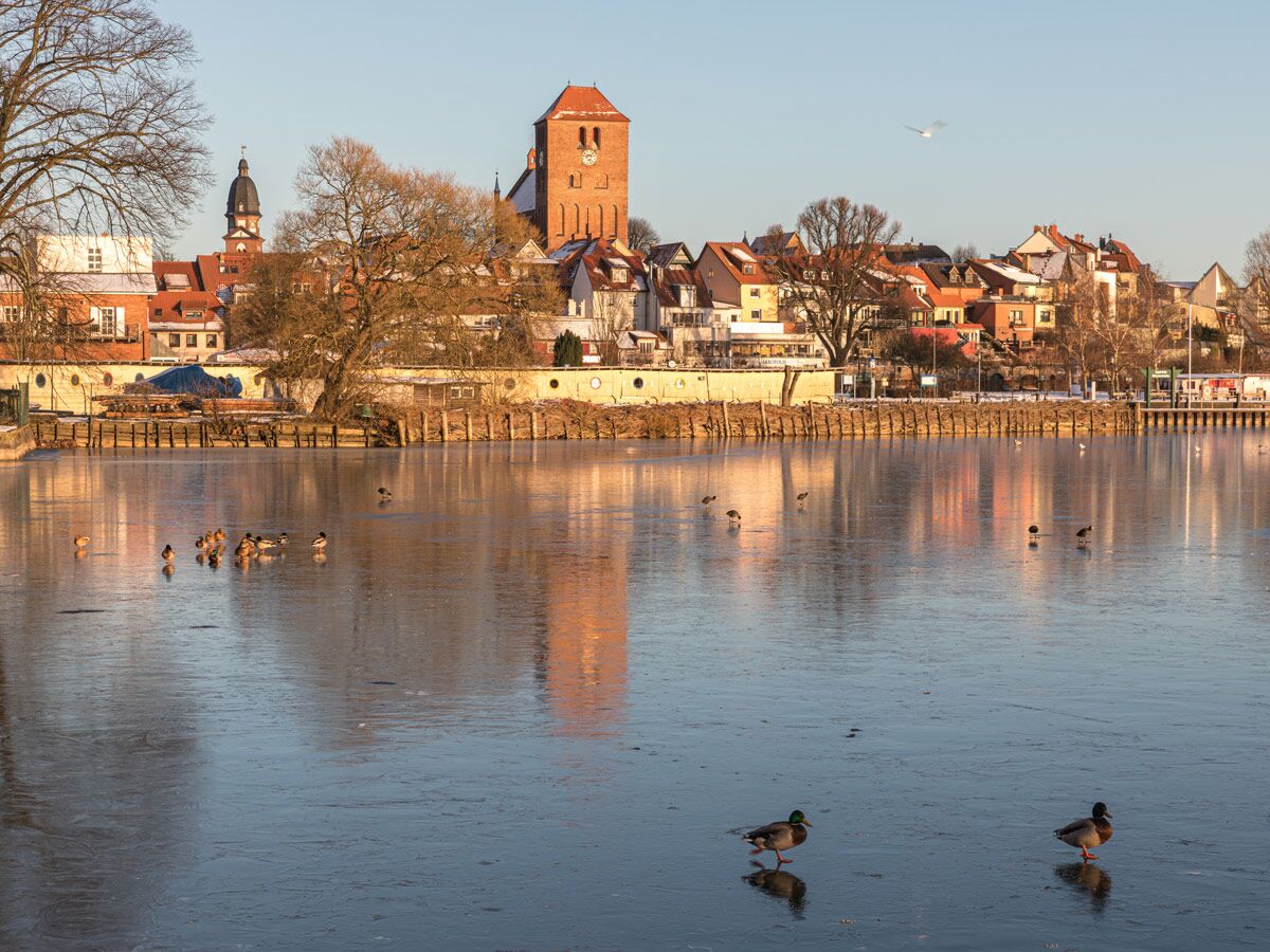 Teilweise zugefrorener See mit Enten vor einer Stadtkulisse mit roten Dächern und hohem Kirchturm an einem sonnigen Wintertag.