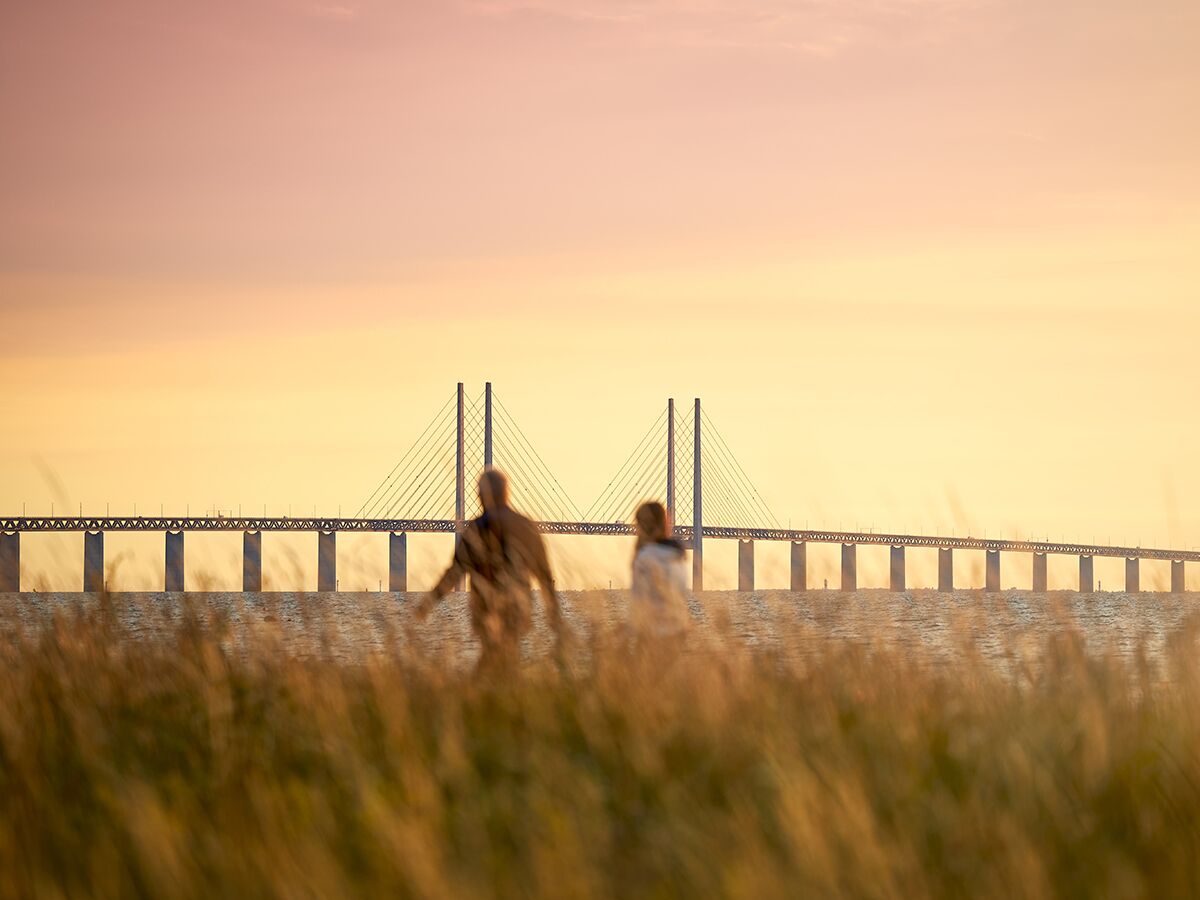 Unscharfes Paar spaziert bei Sonnenuntergang durch hohes Gras mit der Öresundbrücke im Hintergrund.