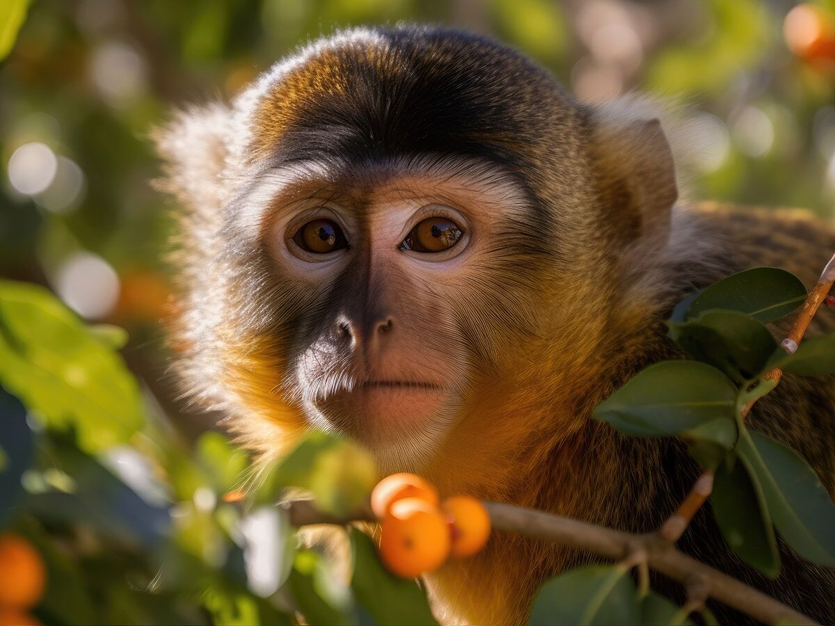 Nahaufnahme eines neugierigen Affen mit braunen Augen und goldbraunem Fell, umgeben von grünen Blättern und Beeren.