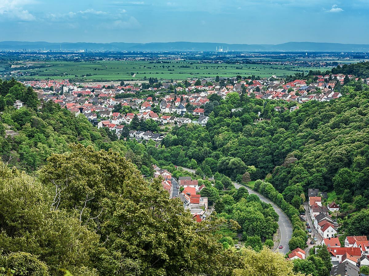 Panoramablick auf eine malerische Stadt in einem bewaldeten Tal mit roten Dächern und grünen Feldern im Hintergrund.