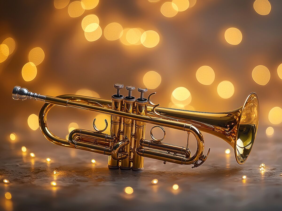 Nahaufnahme einer glänzenden goldenen Trompete, umgeben von warmen, unscharfen goldenen Lichtern auf dunklem Hintergrund.