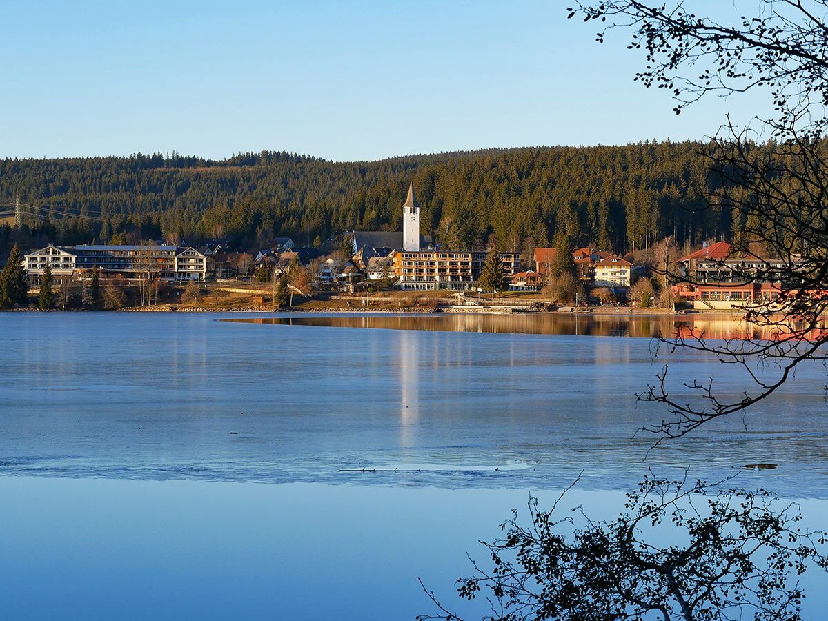 Panoramablick auf ein Schwarzwald-Dorf mit Kirche und Häusern am teilweise gefrorenen Seeufer, umgeben von Wald.