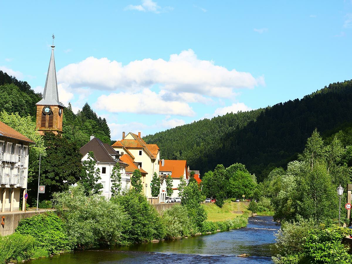 Blick auf ein idyllisches Dorf mit einer markanten Kirche und einem Fluss im Vordergrund, umgeben von dicht bewaldeten Bergen unter blauem Himmel.