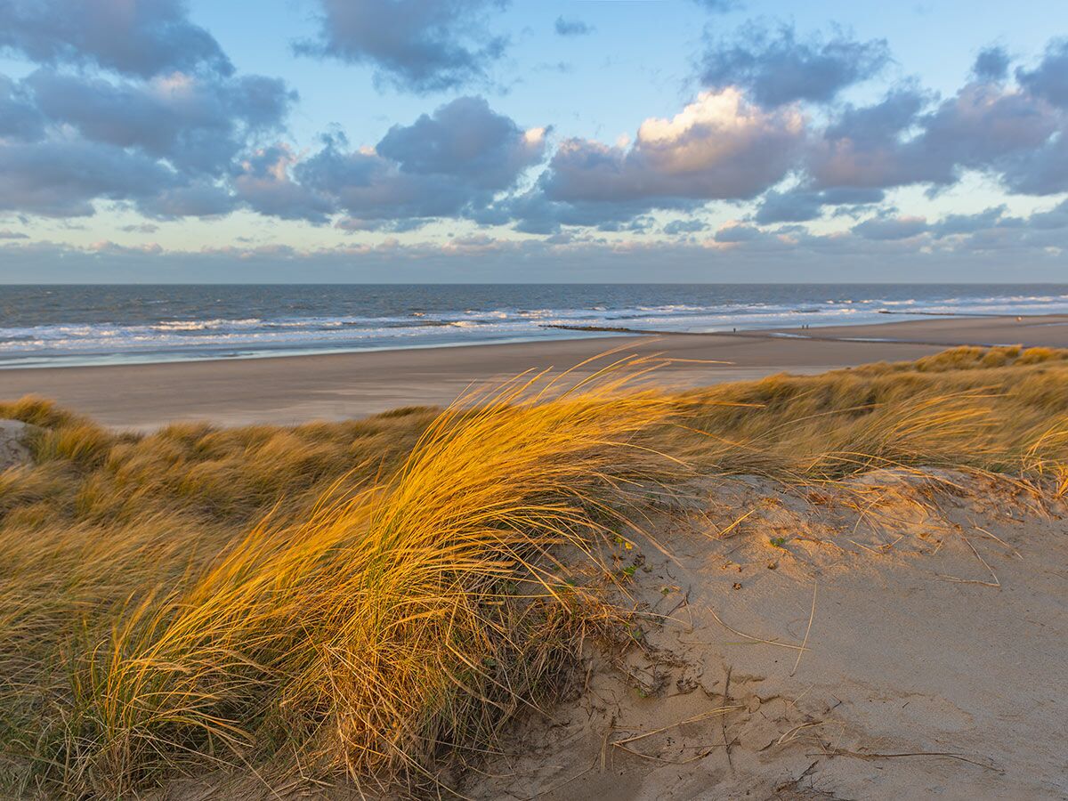 Goldene Dünen am Strand mit Meer und Wellen unter bewölktem Himmel bei Sonnenuntergang.