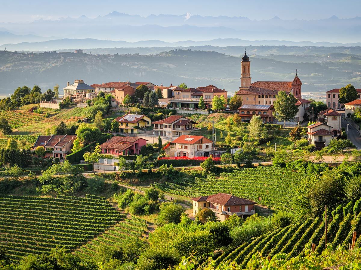 Panorama eines idyllischen Dorfes mit Kirche, roten Dächern, umgeben von Weinbergen und Hügeln, mit Alpen im Hintergrund.