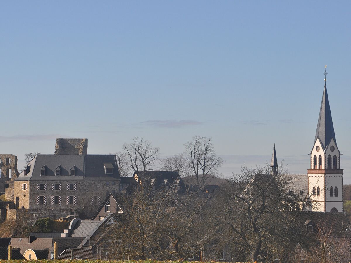 Historische Stadtansicht mit alter Burgruine, prägnanter Kirche mit hohem Turm und Häusern unter blauem Himmel an einem sonnigen Tag.
