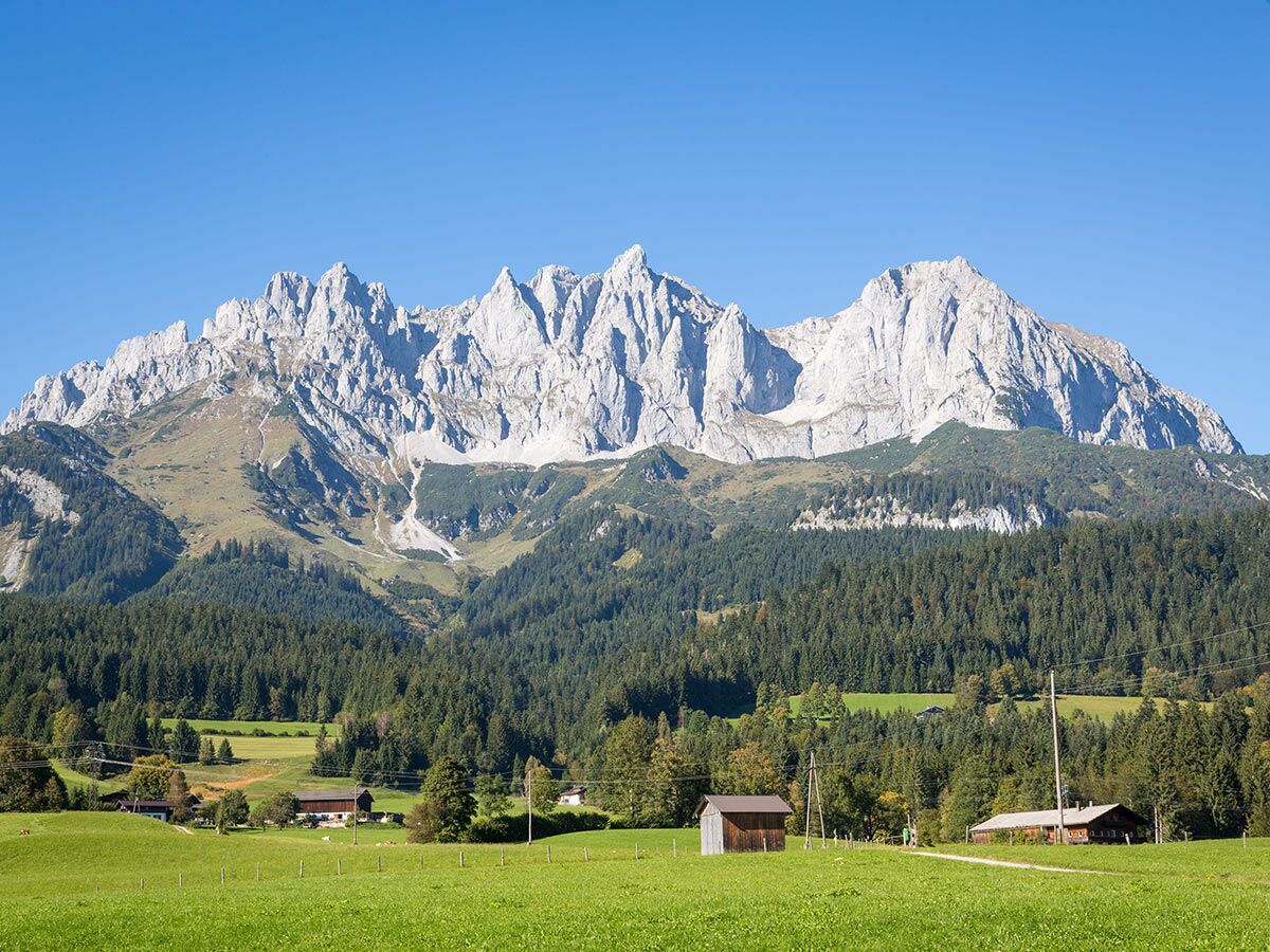 Panorama der österreichischen Alpen mit schroffen Gipfeln, dichten Wäldern, grünen Tälern und traditionellen Bauernhäusern unter blauem Himmel.