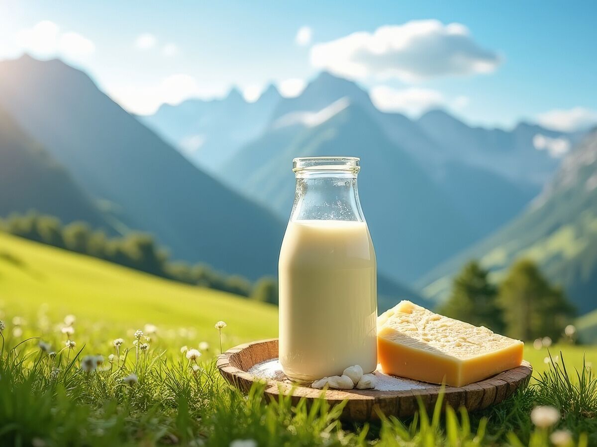 Flasche frische Milch und Käse auf Holzbrett in sonniger Alpenwiese vor Bergpanorama. Symbol für natürliche Milchprodukte.