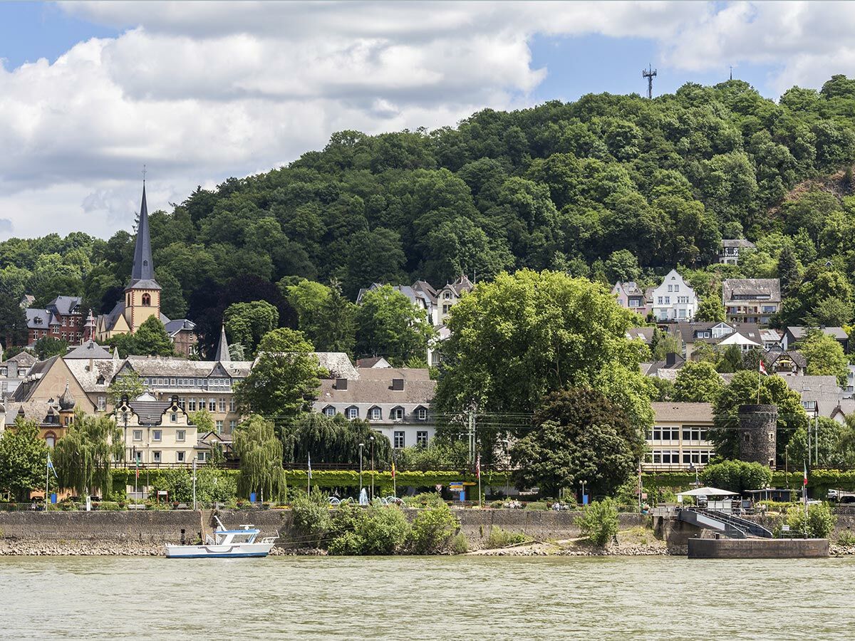 Blick auf eine malerische historische Stadt am Rhein mit Kirche, Häusern, grünen Bäumen und einem Boot unter bewölktem Himmel.