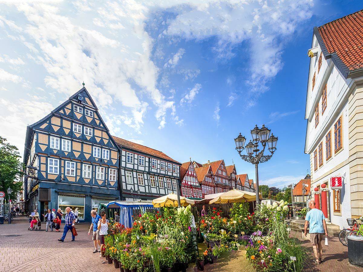 Lebhafter Blumenmarkt auf einem historischen Marktplatz in einer deutschen Fachwerkstadt mit traditionellen Gebäuden und Menschen.