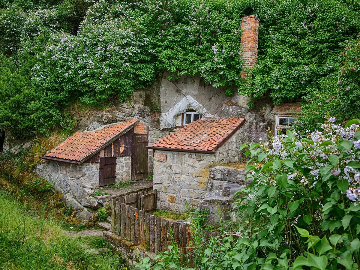 Kleine, rustikale Häuser mit Ziegeldächern in einer von grünen Büschen überwucherten Felswand, umgeben von lila blühenden Blumen.