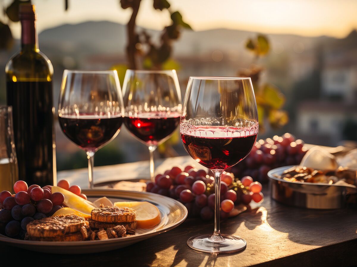 Abendessen auf Terrasse mit Rotwein, Trauben, Käse, Flasche und malerischer Landschaft im goldenen Licht.