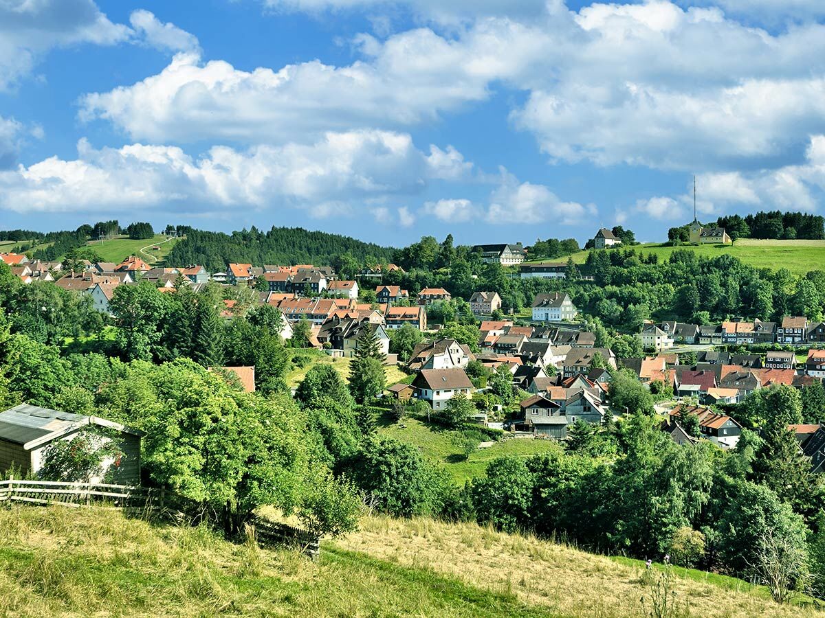 Panoramablick auf ein malerisches Dorf mit vielen Häusern, roten Dächern, umgeben von grünen Wäldern und sanften Hügeln unter blauem Himmel.