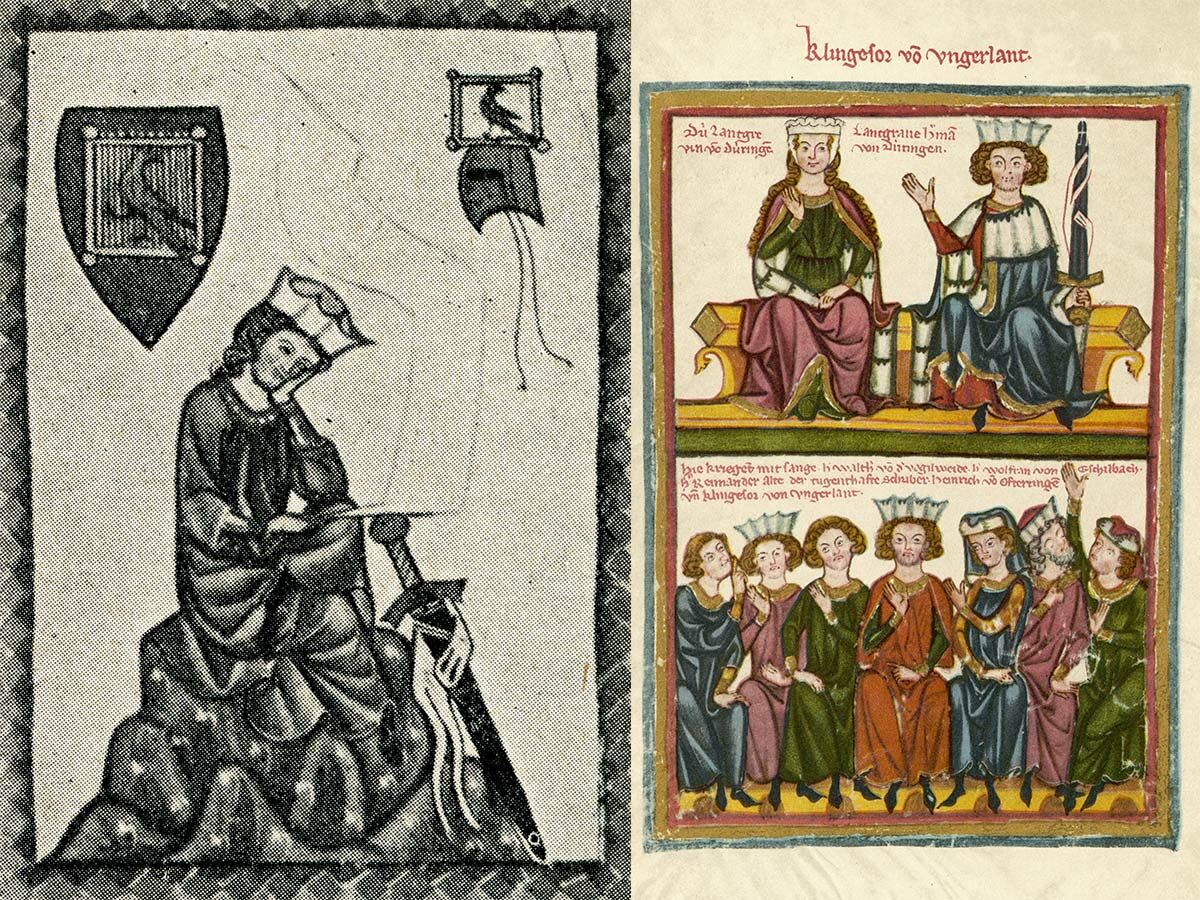 Mittelalterliches Manuskript mit einem sitzenden Dichter, Wappen und einer farbigen Miniatur von König, Königin und Gefolge.