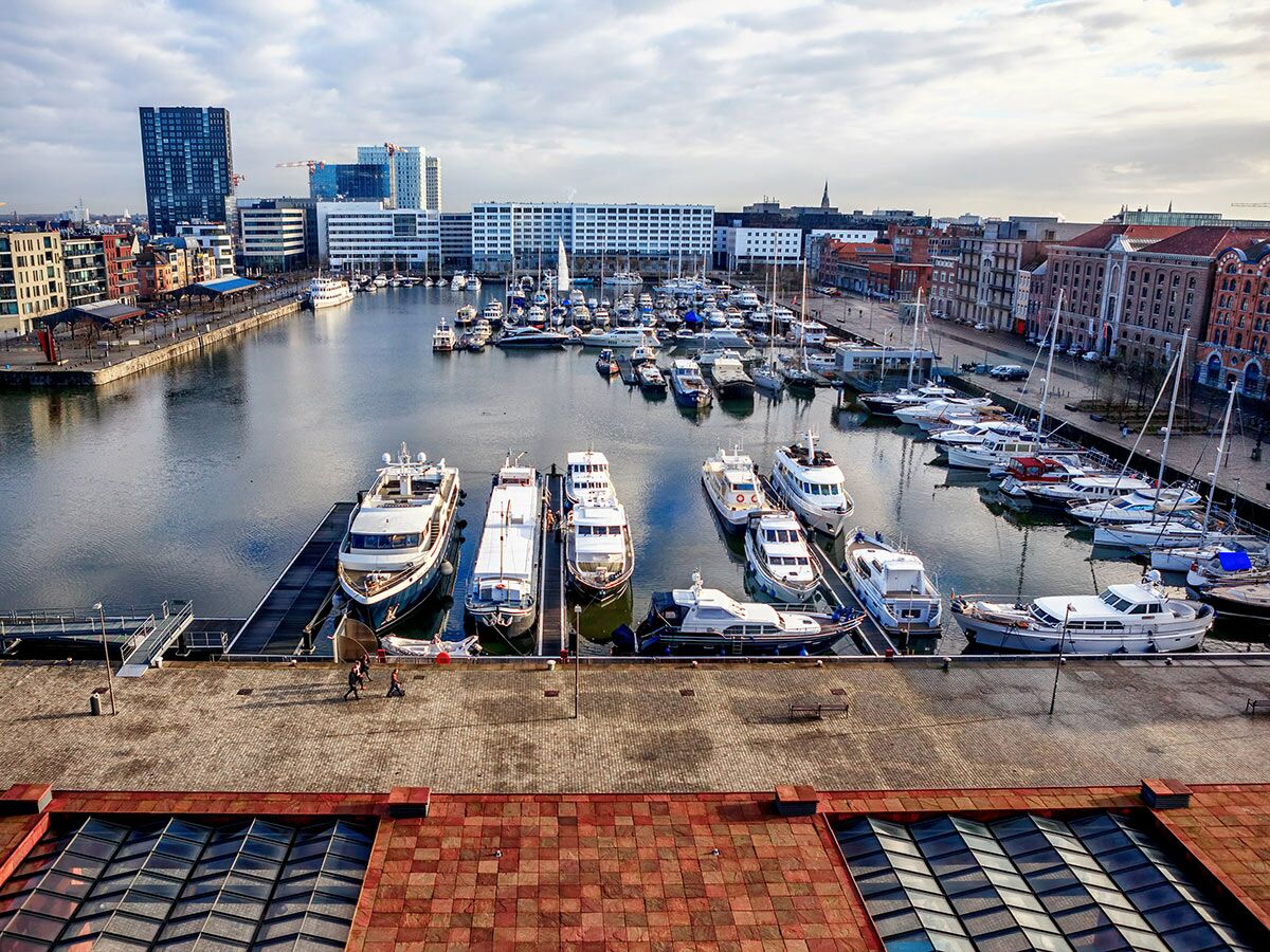 Überblicksaufnahme der Antwerpen Marina mit zahlreichen Yachten, Segelbooten und modernen Stadtgebäuden unter bewölktem Himmel.
