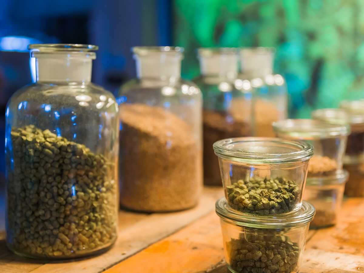 Verschiedene Brauzutaten in Glasgefäßen, darunter grüne Hopfenpellets und braunes Malz, auf Holztisch präsentiert.