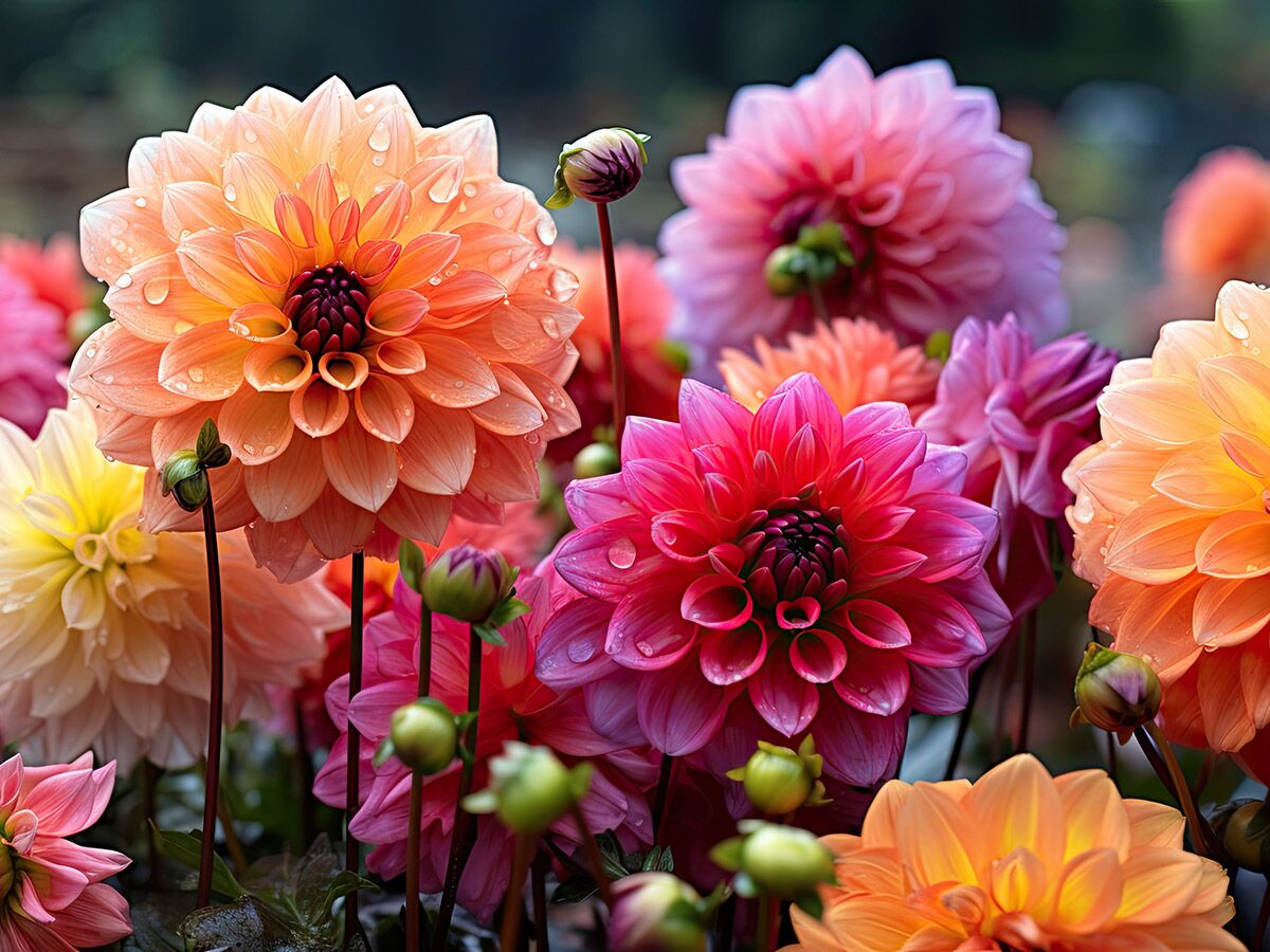 Nahaufnahme leuchtender orange, pinker und gelber Dahlienblüten mit frischen Regentropfen im Garten.