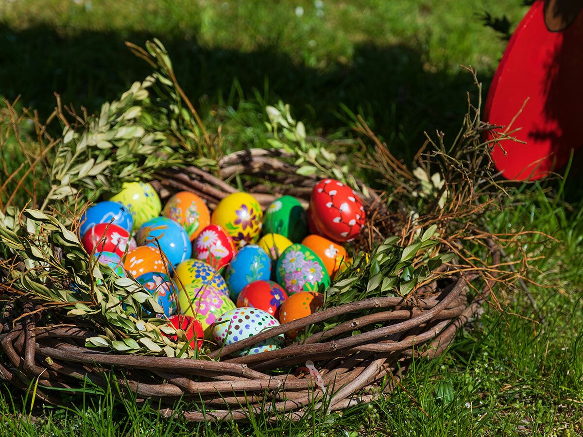 Detailaufnahme eines geflochtenen Korbs gefüllt mit zahlreichen bunt bemalten Ostereiern und grünen Zweigen im Gras.