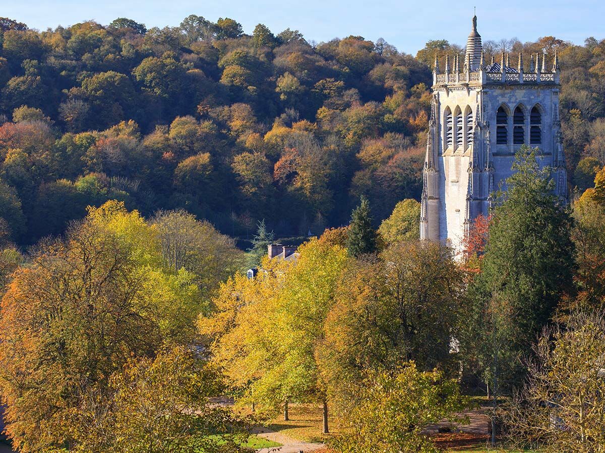 Ein imposanter, historischer Kirchturm ragt aus einem farbenprächtigen Herbstwald hervor, bei strahlendem Sonnenschein.