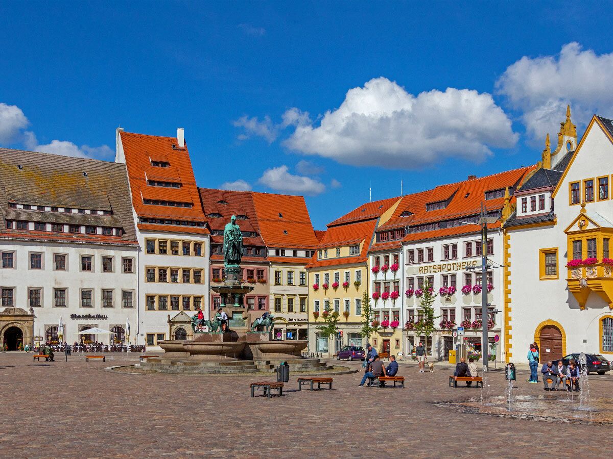 Blick auf den historischen Marktplatz Freiberg in Sachsen mit bunten Bürgerhäusern, dem Albertbrunnen und Menschen bei Sonnenschein.