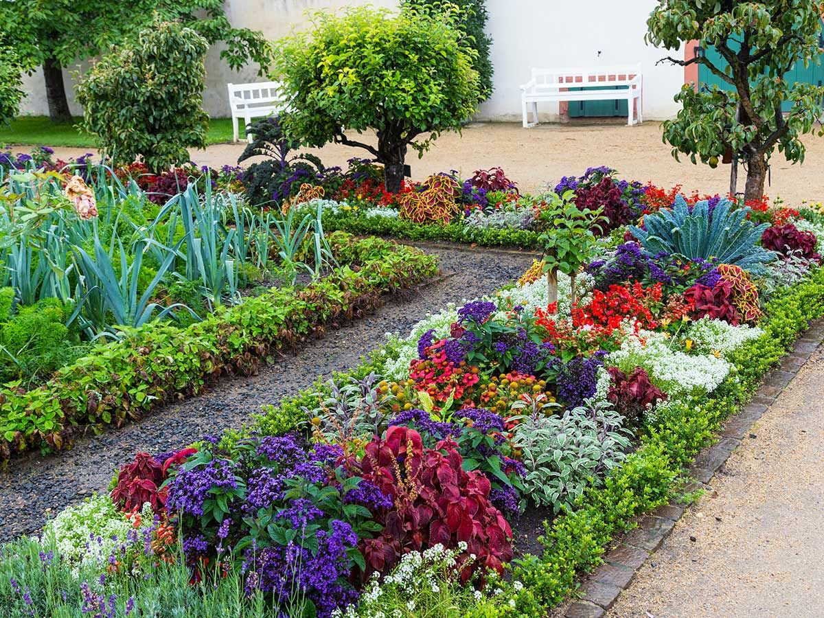 Ein üppiger Garten mit farbenfrohen Blumenbeeten, einem Gemüsebereich und einem geschwungenen Kiesweg dazwischen.