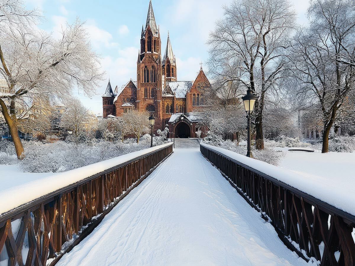 Historische Kirche mit Türmen hinter schneebedeckter Holzbrücke in winterlicher Parklandschaft unter blauem Himmel.