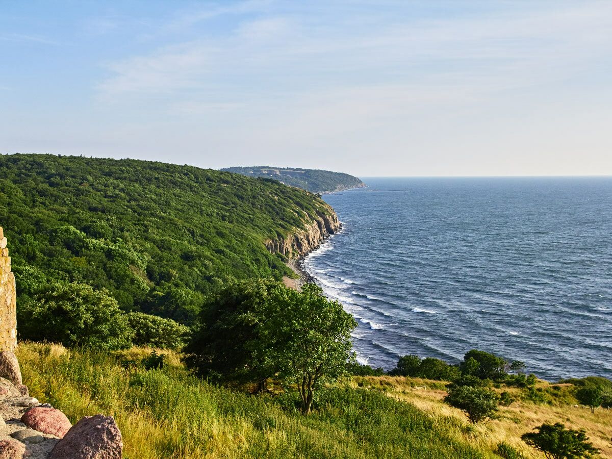 Panoramablick auf die Küste mit bewaldeten Klippen, die ins blaue Meer abfallen, unter klarem Himmel.
