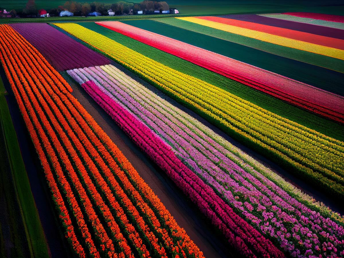 Farbenfrohe Tulpenfelder in Holland von oben gesehen. Lange Reihen leuchtender Blumen in Orange, Lila, Rosa, Gelb und Rot erstrecken sich über die Landschaft.