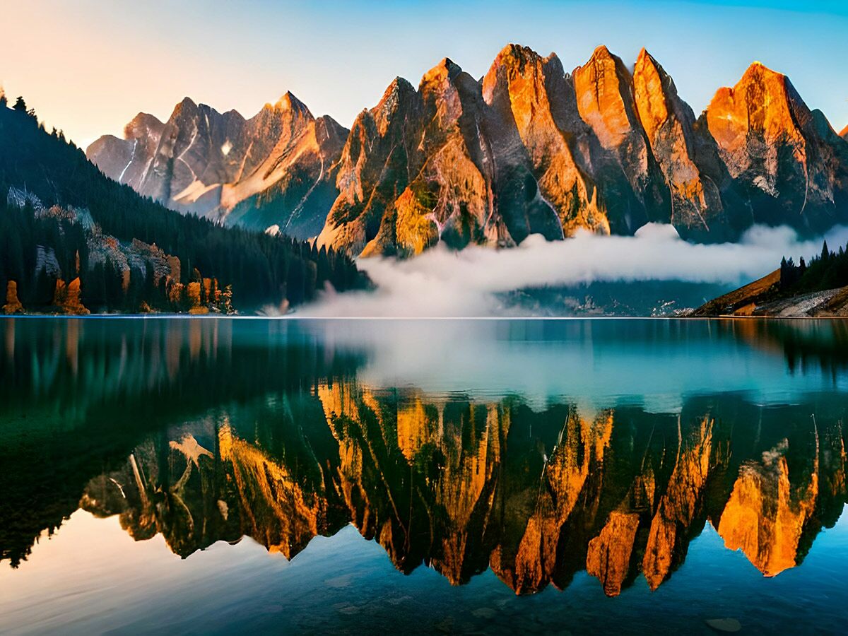 Beeindruckende Berglandschaft bei Sonnenaufgang mit golden beleuchteten Gipfeln, Wald und klarer Spiegelung im See.