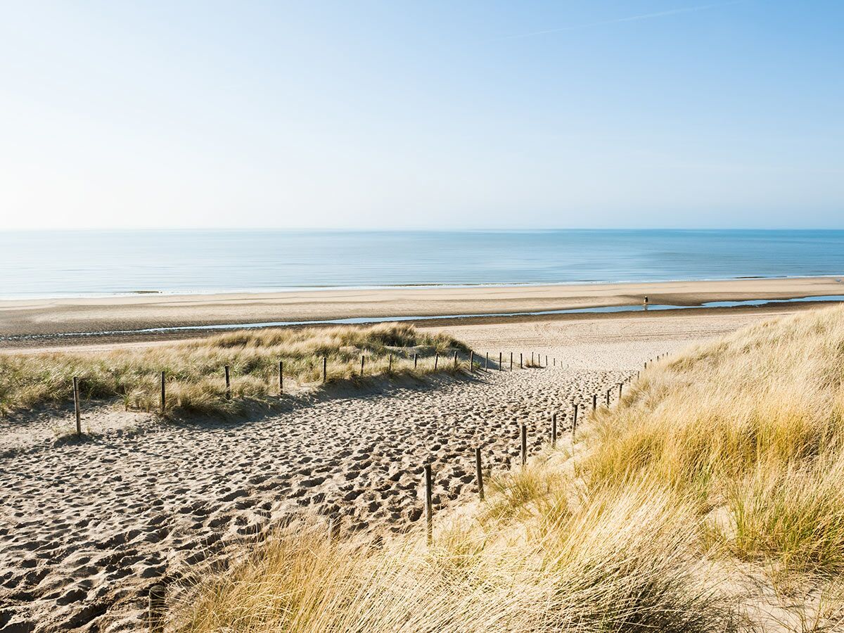 Breiter Sandstrand mit goldenen Dünen und Holzpfählen, die einen Weg markieren, zum ruhigen Meer unter blauem Himmel. Eine Person spaziert.