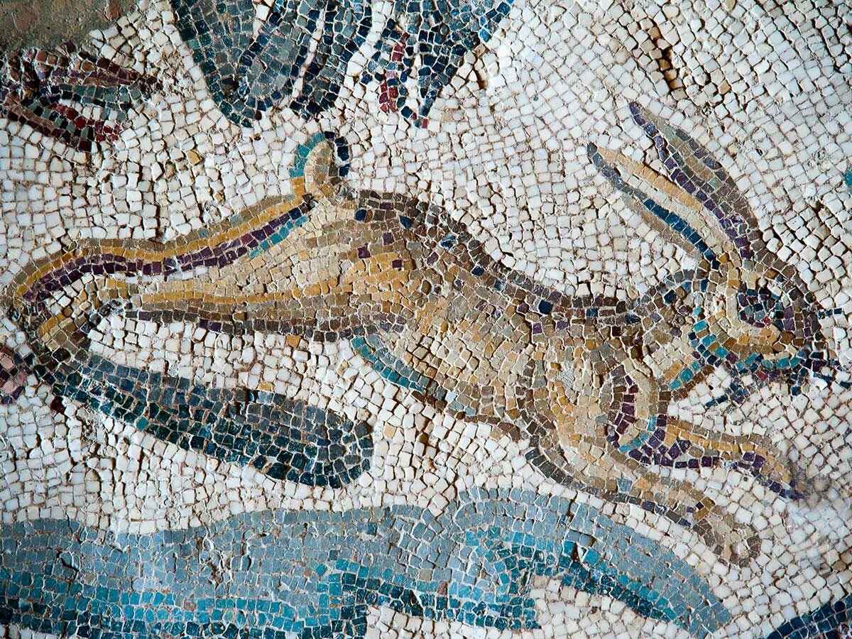 Nahaufnahme eines antiken Mosaiks, das einen springenden Hasen aus kleinen Steinchen auf hellem Grund darstellt.