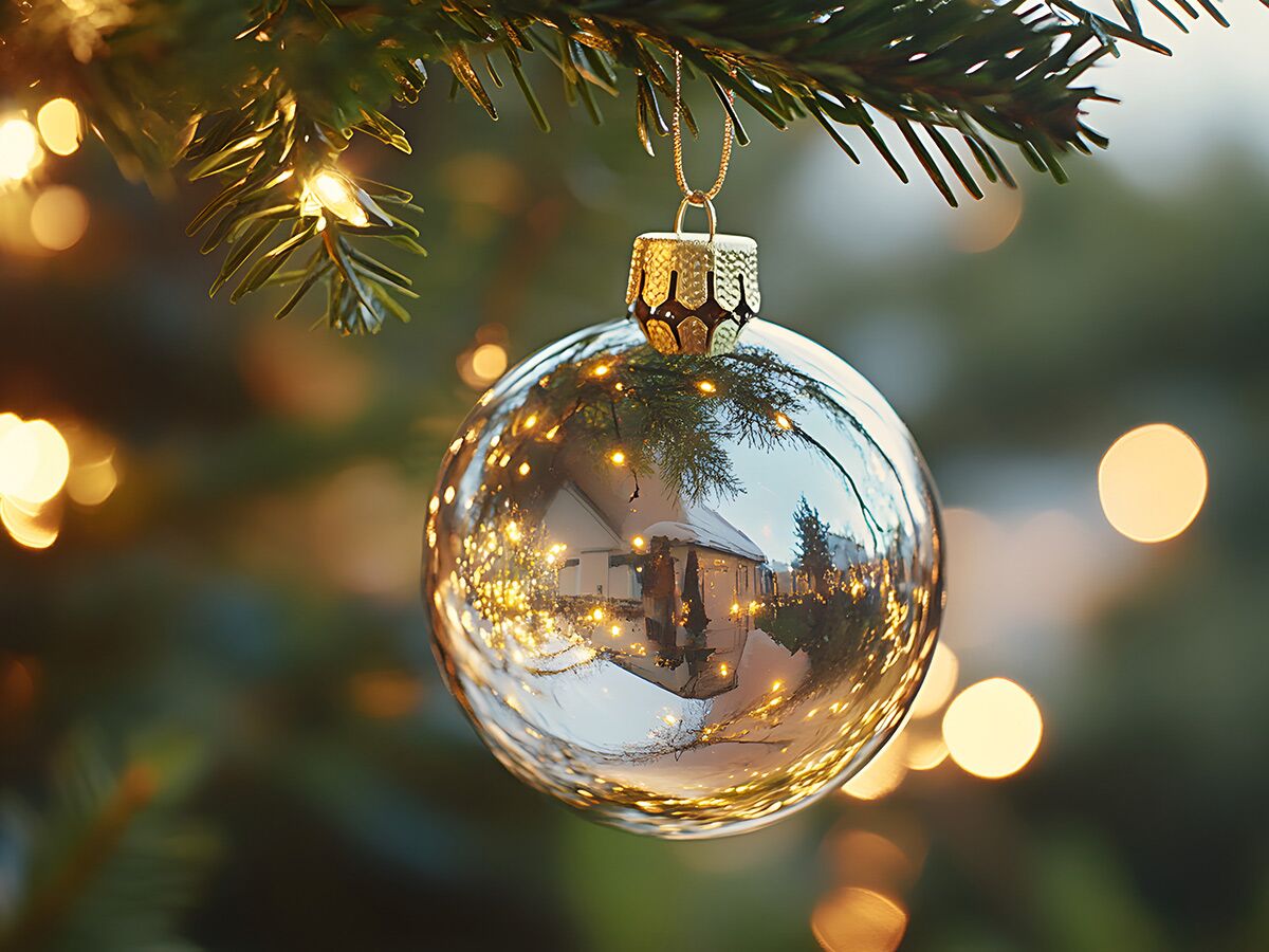 Glänzende Weihnachtskugel hängt an Tannenzweig mit funkelnden Lichtern, spiegelt ein festliches Haus und warmes Bokeh wider.