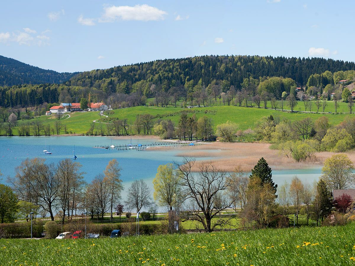 Idyllischer Blick auf einen bayerischen See mit Bergen, grünen Wiesen, Wald, Häusern und Booten am Ufer bei Frühlingswetter.