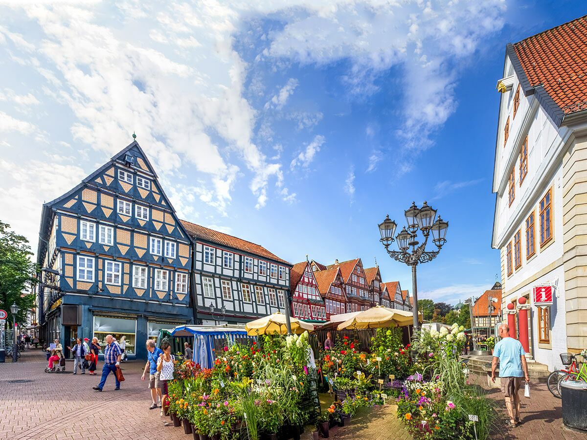 Lebhafte Fußgängerzone einer deutschen Stadt mit historischen Fachwerkhäusern, blauem Himmel und einem bunten Blumenmarkt.