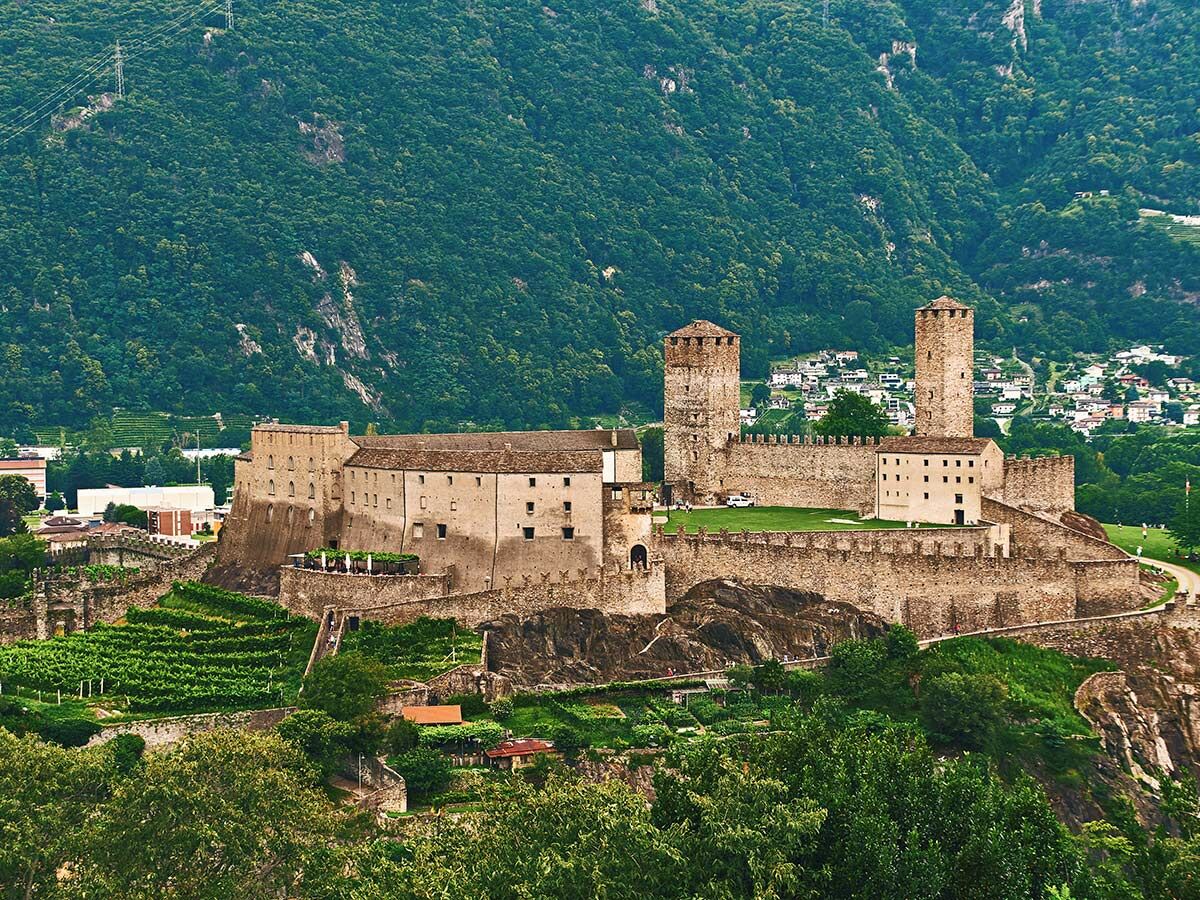 Historische Burgen von Bellinzona mit Türmen, Mauern, umgeben von terrassierten Weinbergen und grünen Bergen in der Schweiz.