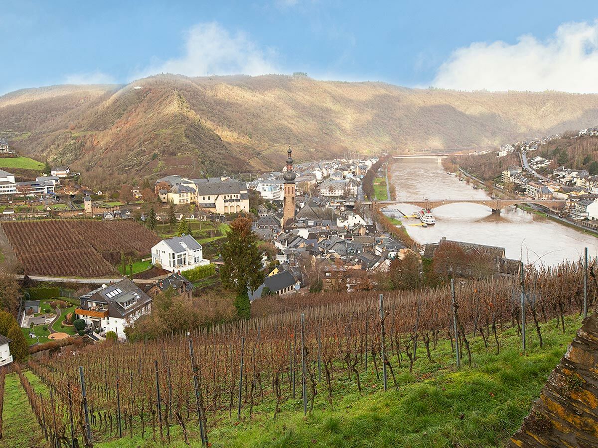 Panoramaansicht von Cochem im Moseltal mit Weinbergen im Vordergrund, Fluss Mosel mit Brücke und historischer Stadtansicht unter Diesem Himmel.