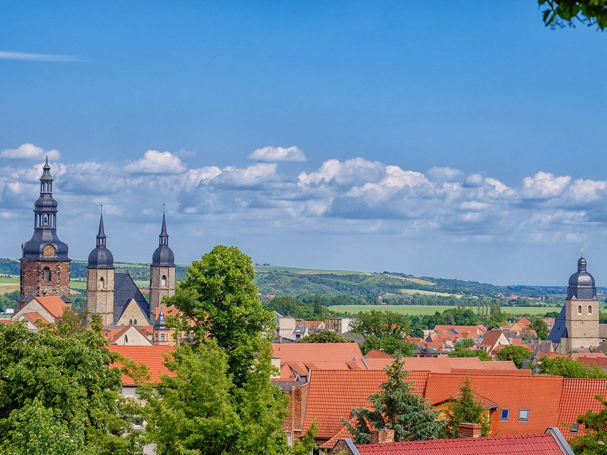 Panoramablick auf eine historische Stadt mit mehreren hohen Kirchtürmen, roten Dächern und grünen Hügeln unter blauem Himmel.